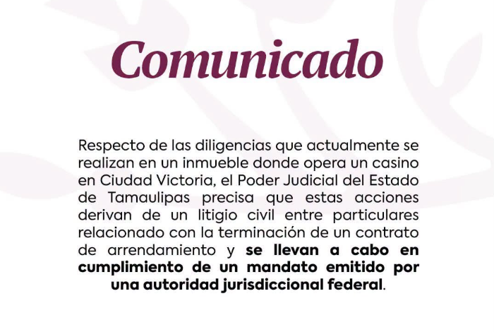 Diligencias en Casino Winner obedecen a mandato judicial federal por litigio de arrendamiento: PJE