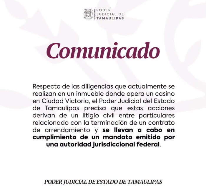 Diligencias en Casino Winner obedecen a mandato judicial federal por litigio de arrendamiento: PJE