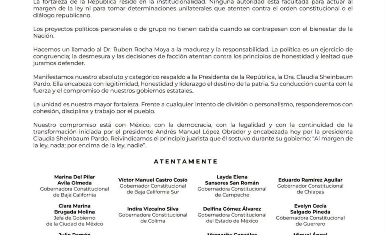Gobernadores de Morena cierran filas con Sheinbaum y pintan su raya ante Rocha