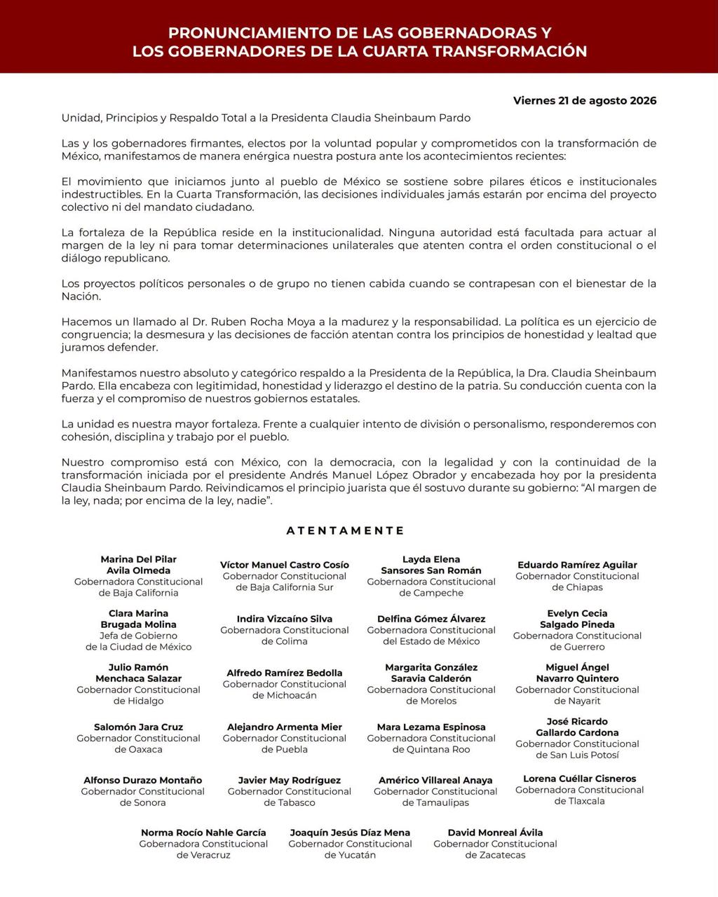Gobernadores de Morena cierran filas con Sheinbaum y pintan su raya ante Rocha